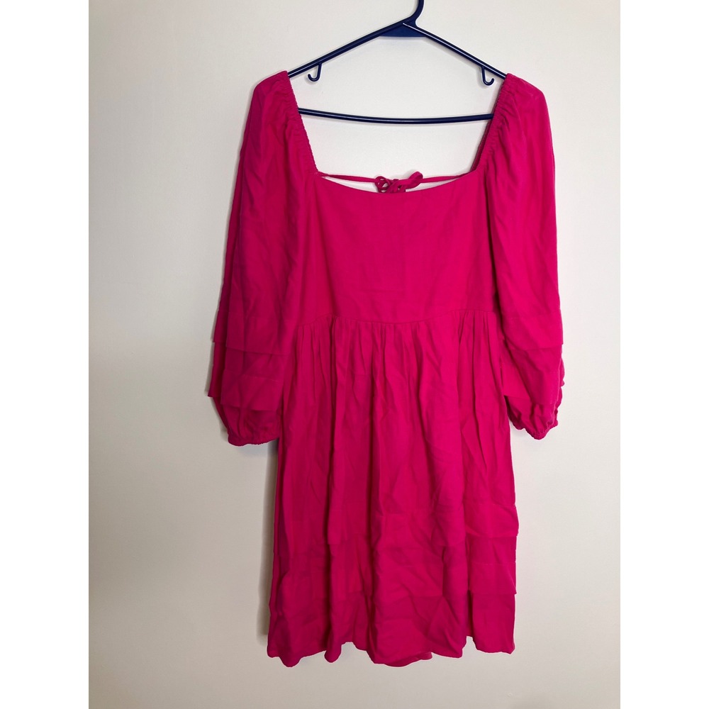 MULLA Mini Dress Womens Medium Pink Excellent Lace Up Back Puff Sleeve Linen